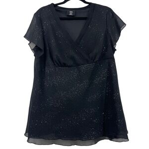Studio 1940 Womens Black Sparkle Glitter Short Sleeve V Neck Top Plus Size 18 20
